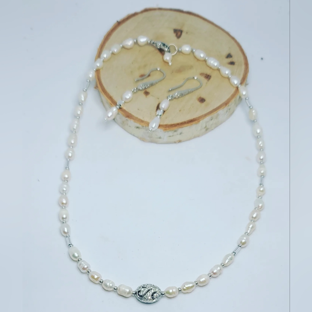 Freshwater Pearl Zirconia Stainless steel necklace and earrings set